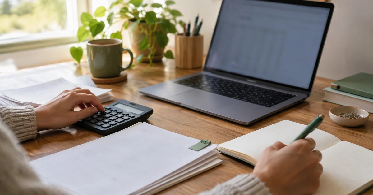 Mains devant un ordinateur, une calculatrice et des documents sur un bureau.